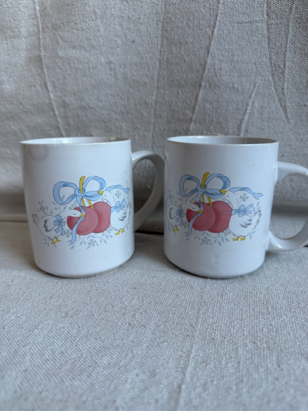 Vintage 80s Country Geese Ceramic Mugs Set of 2 Blue Ribbon Pink Hearts Retro